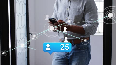 Man Engaging with Smartphone Icons of Network Connections