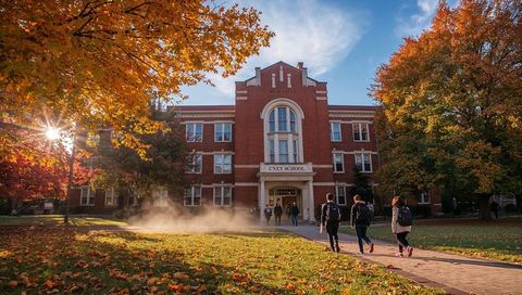 Multicultural Students Walking University Campus in Autumn Foliage