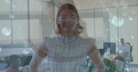 Confident businesswoman with virtual bitcoin network overlay