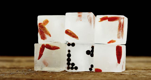Ice cubes encapsulating chili peppers and peppercorns, available for use in culinary contexts, bar or cocktail-related promotions, food and drink advertisements, spiced drink recipes, or as a striking combination of art and cuisine.
