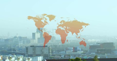 Digitized world map and financial data overlaid on urban skyline
