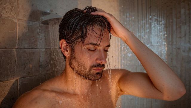 Young man running fingers through wet hair under warm tiled shower light, grooming moment