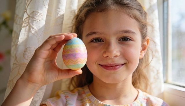 Smiling girl holding hand-painted pastel easter egg by sunlit window for spring holiday
