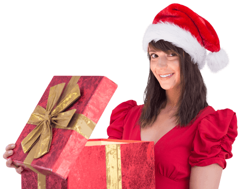 Smiling woman in santa hat holding open gift box transparent