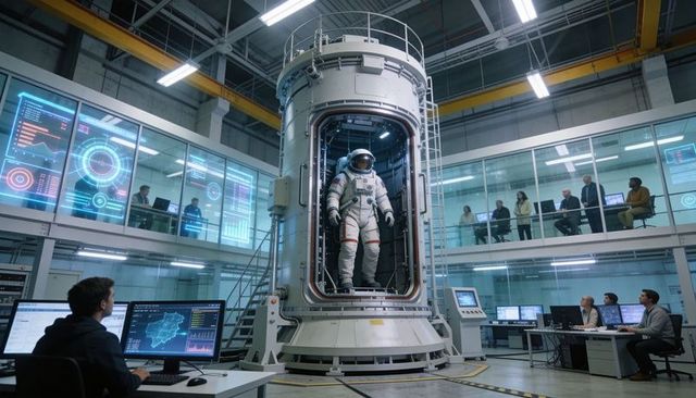 Astronaut Standing in Environmental Test Chamber While Engineers Monitor Telemetry