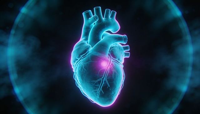 Glowing Neon 3D Human Heart with Coronary Vessels and Left Ventricle Hotspot in Neon Lab