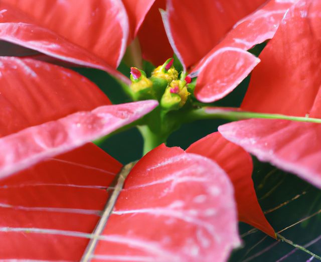 Close-up view of red poinsettia flowers with prominent yellow buds capturing the beauty of this popular holiday plant. Ideal for use in festive advertisements, botanical studies, gardening magazines, and nature-inspired projects. Highlights the intricate details and vibrant colors of the poinsettia, making it perfect for Christmas and celebratory themes.