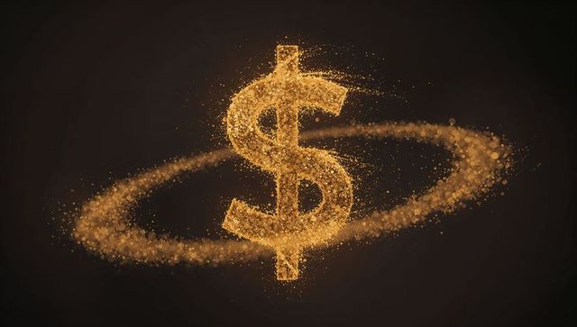Glowing golden dollar forming from particles with orbiting halo on dark background