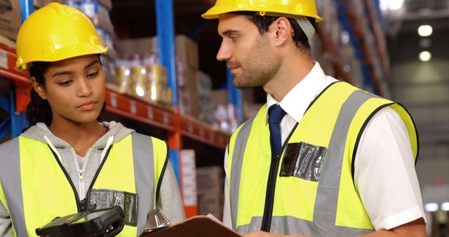 Warehouse Workers Wearing Safety Vests and Hard Hats Discussing Inventory - Download Free Stock Images Pikwizard.com