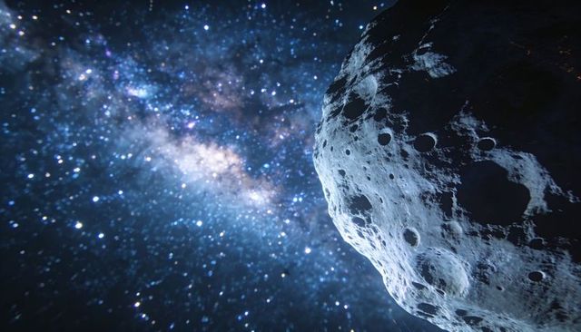 Cratered asteroid passing milky way starfield close-up, rugged rocky surface in deep space