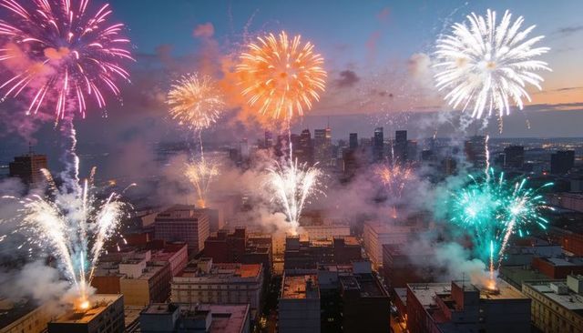 Downtown rooftop fireworks lighting city skyline at dusk vibrant urban celebration