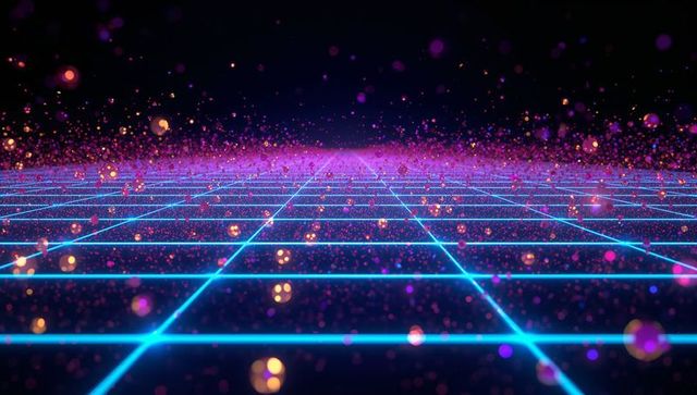 Futuristic neon blue grid with floating particles in digital landscape