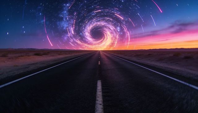 Desert highway toward luminous spiral vortex over starry night sky futuristic road journey