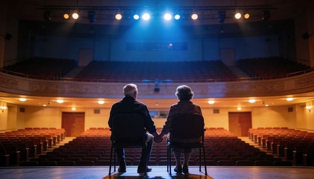 Sitting Holding Hands on Empty Theater Stage Under Blue Spotlight Showing Enduring Love