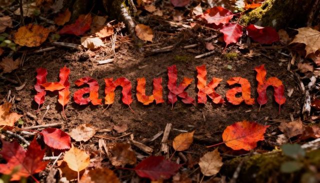 Handmade hanukkah letters crafted from autumn leaves lying on mossy forest floor