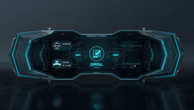 Cyan holographic console display featuring cypital interface and neon circuit hud