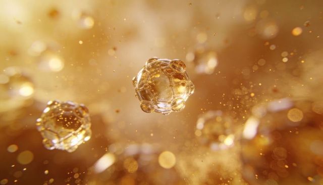 Glowing faceted golden orbs floating in amber bokeh macro scene with prismatic particles