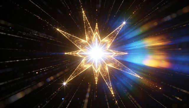 Radiant eight-point starburst with golden glitter and blue prism rays, celestial burst