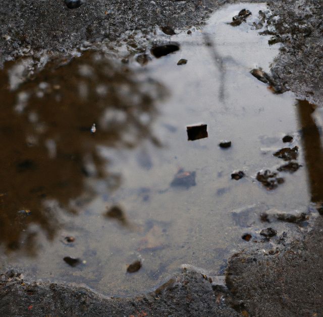 Image of close up of rain puddle with reflection and mud surround. Nature, rain, water and weather concept.