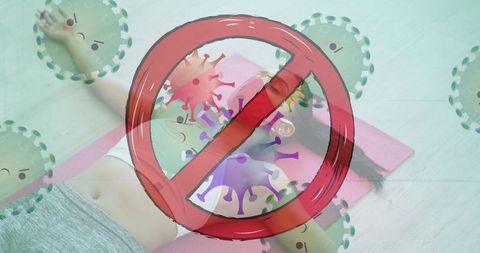 Woman staying resilient at gym amidst covid-19 virus symbolism