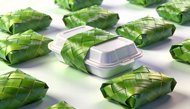 Clamshell container wrapped by woven ketupat leaf band for sustainable packaging concept