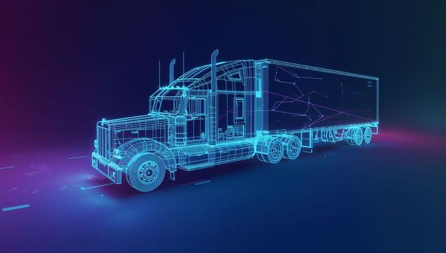 Neon wireframe semi-truck on digital background
