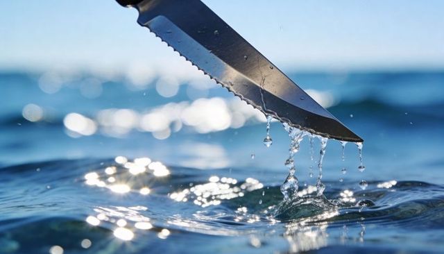 Serrated knife cutting ocean surface, water droplets falling, sunlit bokeh and ripples