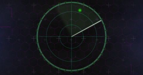 Futuristic radar scope sweeping green blip over hex-grid interface display for monitoring