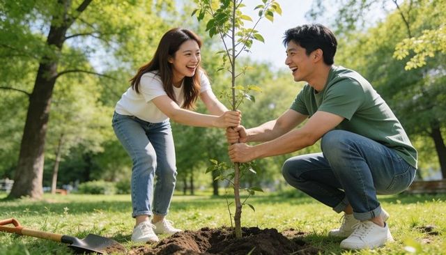 Young asian couple planting tree together in sunny park smiling and laughing promoting green living