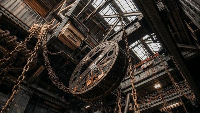 Hanging rusted pulley wheel dominating industrial shaft with heavy chains and ropes