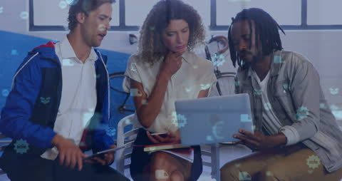 Diverse Team Collaborating on Laptop with Digital Network Interface