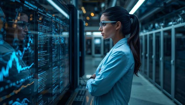 Female engineer analyzing data on interactive touchscreen in high-tech server room