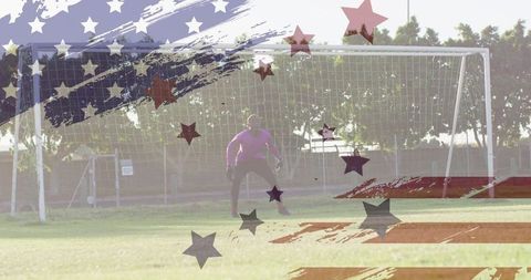 Goalkeeper Guarding Soccer Goal with American Flag Overlay