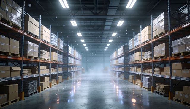 Showing empty industrial warehouse aisle reflecting polished floor and high metal racking