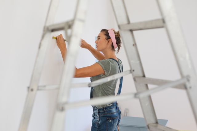 Caucasian woman wearing blue jeans dungarees, doing DIY at home self isolating and social distancing in quarantine lockdown during coronavirus covid 19 epidemic, measuring wall behind ladder.
