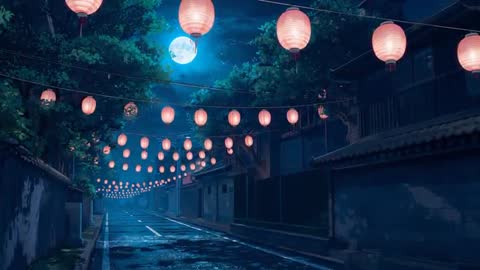 Tranquil Moonlit Street with Swaying Lanterns at Night