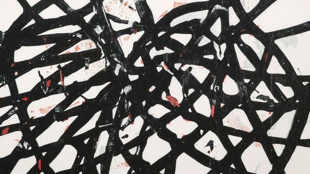 Modern abstract painting with intersecting black strokes