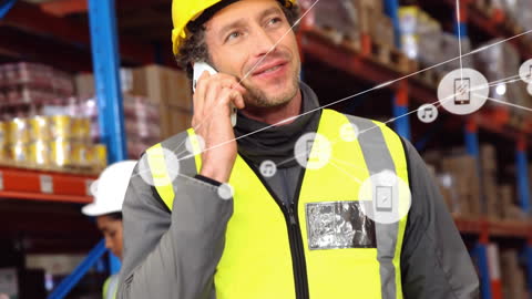 Warehouse Worker on Phone with Technology Network Overlay