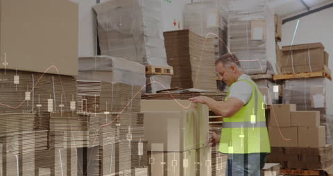 Warehouse Worker Managing Cardboard Boxes with Financial Chart Overlay