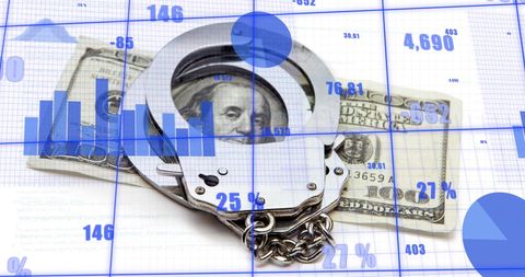 Graphic representation combining financial data visualization overlaid on American dollar bill with handcuffs in forefront, symbolizing the intersection of finance and law enforcement. Useful for illustrating concepts of economic crime, financial policies, and business accountability, valuable for use in articles on corruption, fraud, or financial regulations.