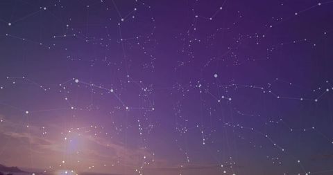 Constellation overlay on twilight sky with hills