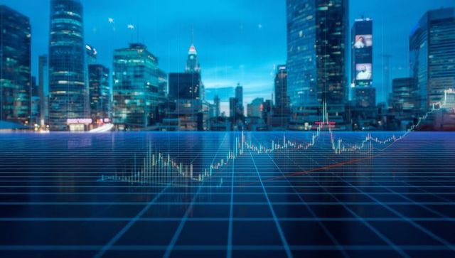 Cityscape with Financial Charts Projecting Future Market Trends