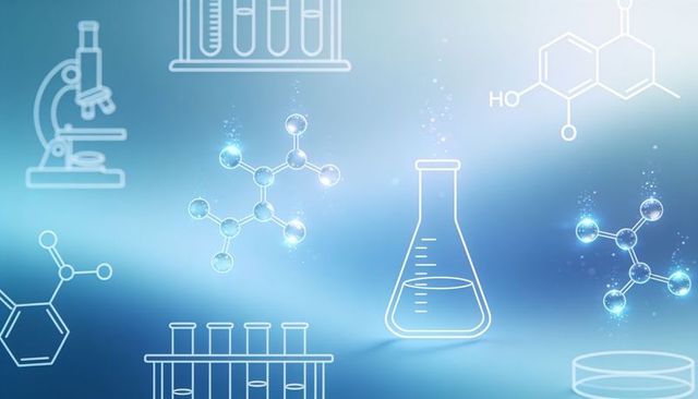 Glowing molecular models with erlenmeyer flask and lab diagrams on blue gradient
