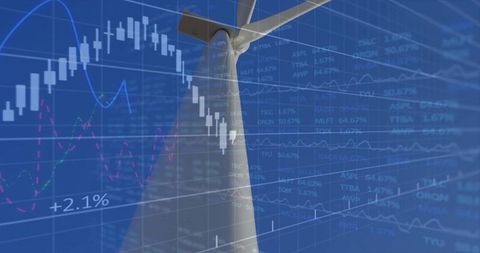Wind turbine overlaid with finance charts symbolizes renewable growth