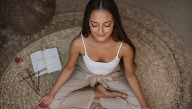 Young woman meditating on jute mat for mindfulness and serenity