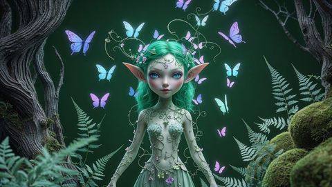 Enchanting elf with living vine dress and glowing butterflies