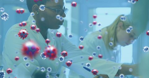 Laboratory researchers analyzing blood samples with virus overlay