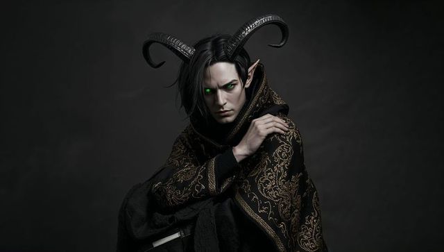 Enigmatic horned figure with glowing eye in gold-embroidered cloak