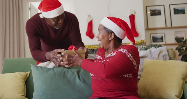 Happy couple exchanging Christmas gifts with excitement - Download Free Stock Images Pikwizard.com