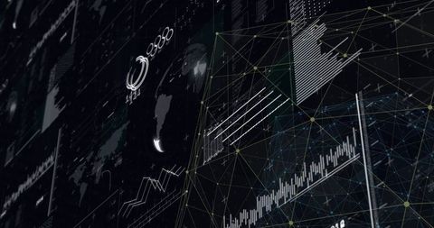 Futuristic 3D Data Network Visualizing Rising Bar and Line Charts on Dark Analytics Dashboard